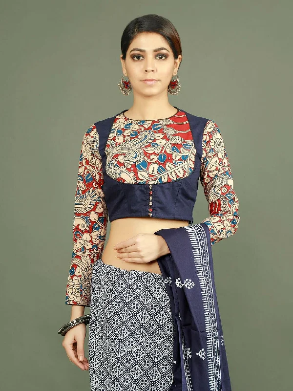 Blue Kalamkari Pure Cotton Blouse Satin Drape Blouse