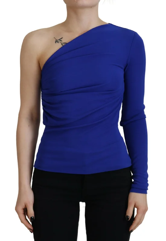Blue Viscose One Shoulder Slim Fit Blouse Top Silky Tunic Blouse