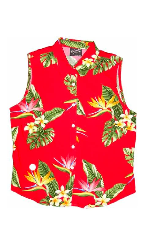 BOP Plumeria Ladies Hawaiian Sleeveless Blouse in Red Soft Pastel Blouse