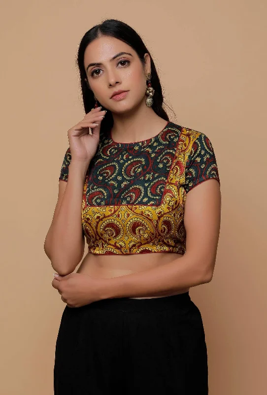 Bottle Green And Yellow  Printed Mashru Back Key Hole Blouse Ruched Sleeve Blouse