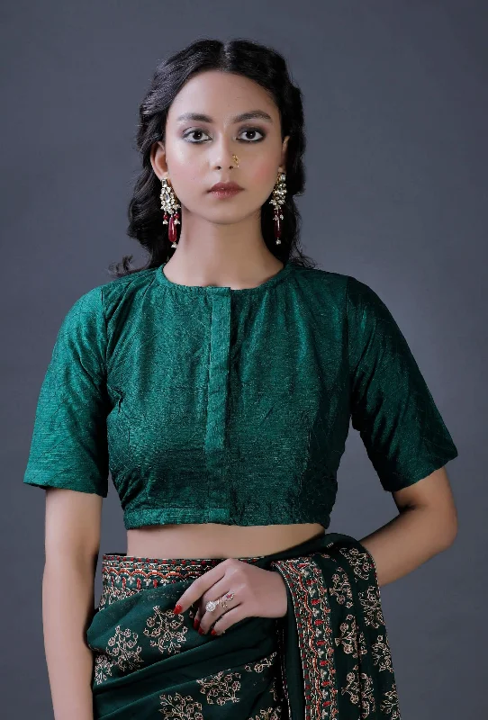Bottle Green Raw Silk Plain Blouse Feminine Puff Blouse