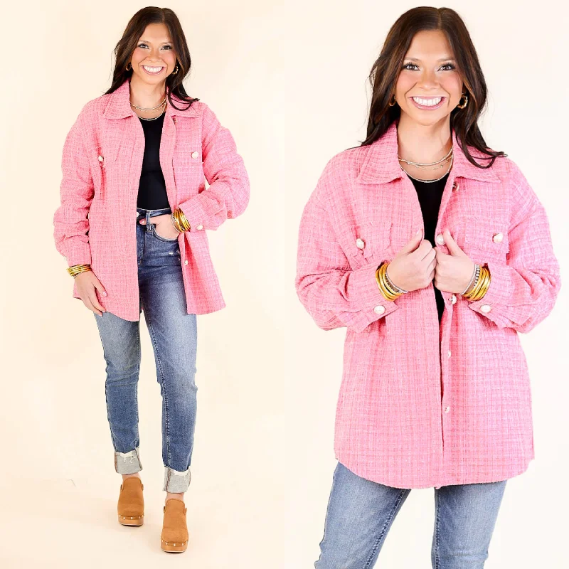 Brooklyn Buzz Pearl Button Up Tweed Shacket in Pink Stylish Wrap Blouse