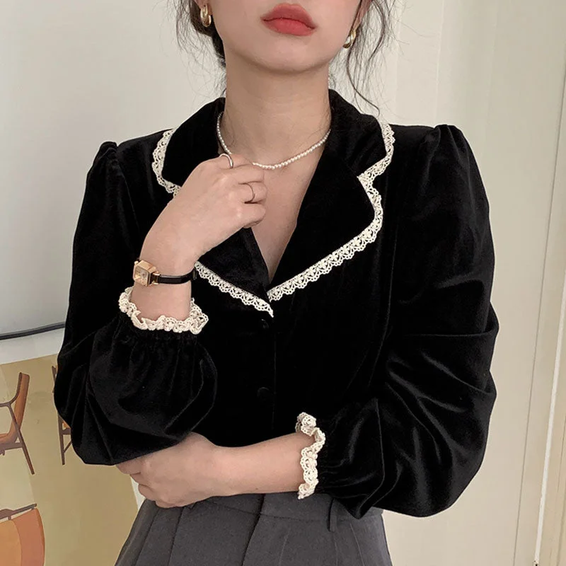 Bubble Sleeve Velvet Blouse Top For Women Casual Button Blouse