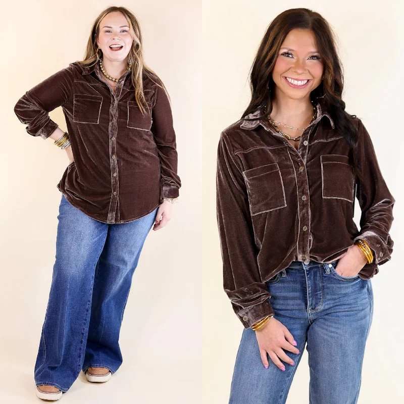 Candy Apple Evening Button Up Velvet Long Sleeve Blouse in Almond Brown Pastel Color Blouse