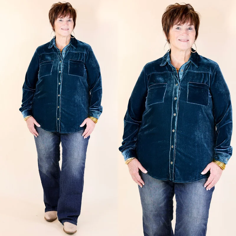 Candy Apple Evening Button Up Velvet Long Sleeve Blouse in Teal Blue Oversized Silk Blouse