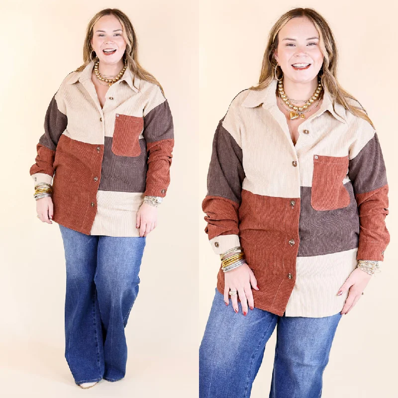 Casual Cuddles Color Block Corduroy Shacket in Brown Mix Stretchy Fitted Blouse