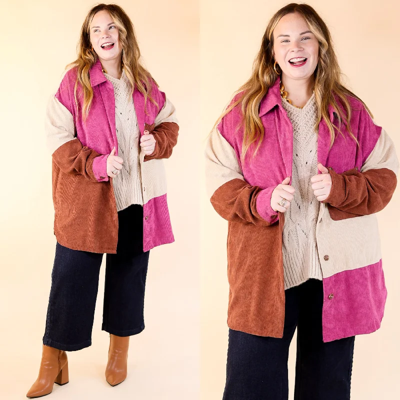 Casual Cuddles Color Block Corduroy Shacket in Magenta Mix Pastel Color Blouse