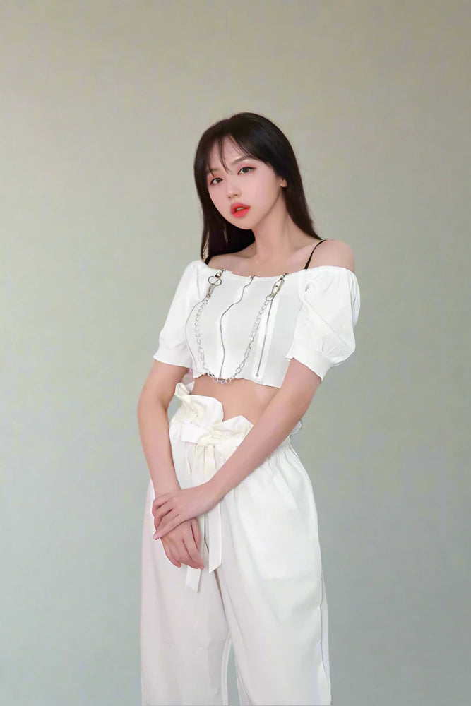 Chain Reaction - Off-Shoulder Black Blouse with Edgy Chains Double Button Blouse
