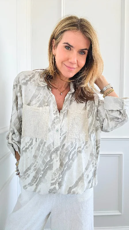 Chic Sequins Pockets Italian Blouse Chic Off-Shoulder Blouse