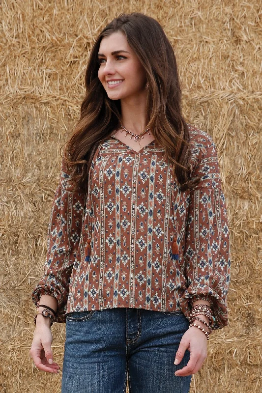 Cruel Denim Ladies Brown Printed Peasant Blouse - CTW7329002 Sleeveless Chiffon Blouse