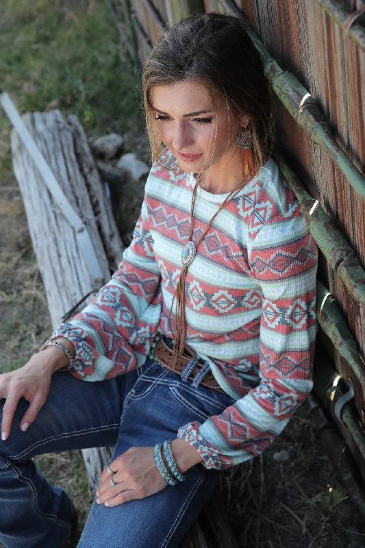 Cruel Denim Ladies Southwestern Print Long Sleeved Blouse - CTK7413001 - ON SALE Mandarin Collar Blouse