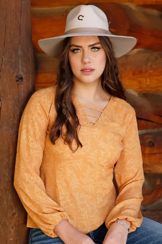 Women's Gold Print Long Sleeve Blouse Sheer Mesh Blouse