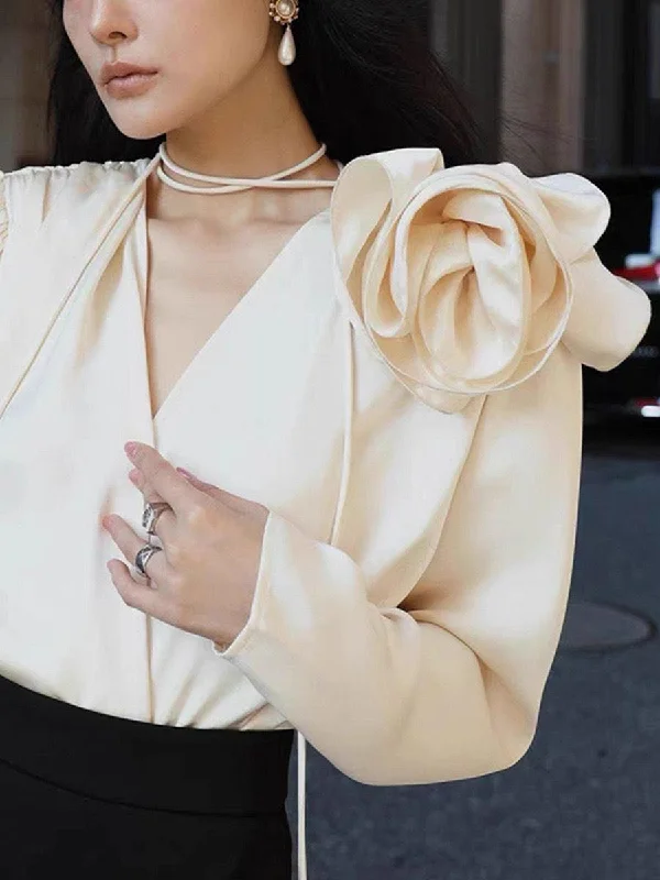 Derek Premium Rosette Blouse Collared Satin Blouse