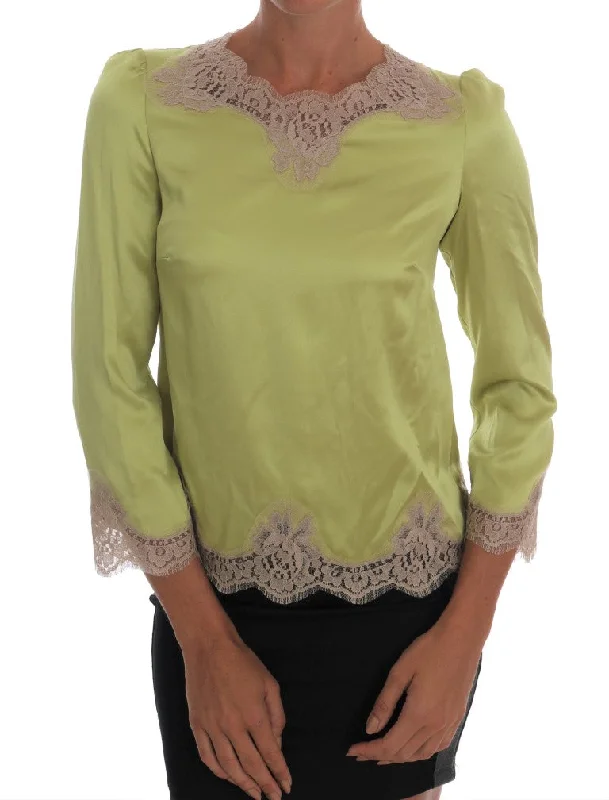 Elegant Floral Lace Silk Blouse Satin Bow Blouse