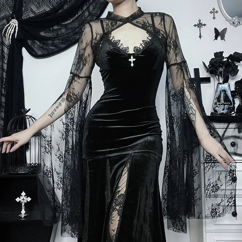 Elegant  Lace Flare Sleeve Goth Cover Blouse Chic Sleeveless Blouse