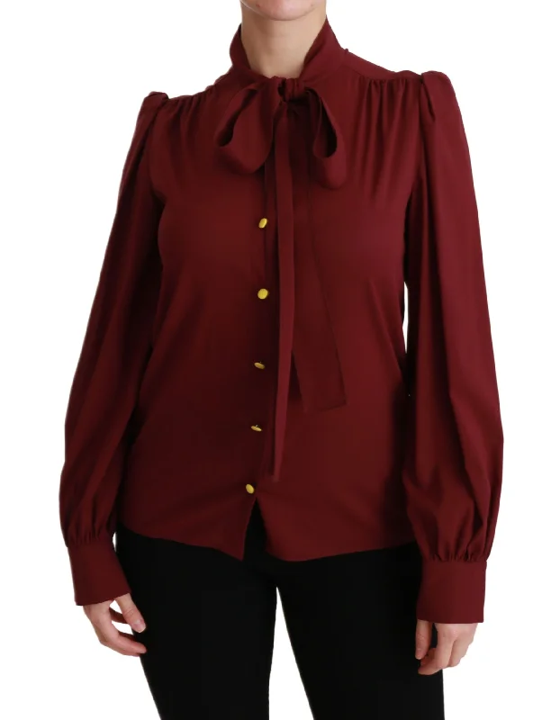 Elegant Maroon Silk Blend Polo Blouse Puff Sleeve Blouse