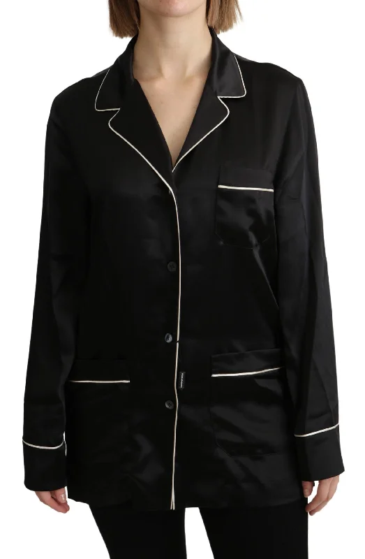 Elegant Silk Black Button-up Blouse Puff Sleeve Blouse