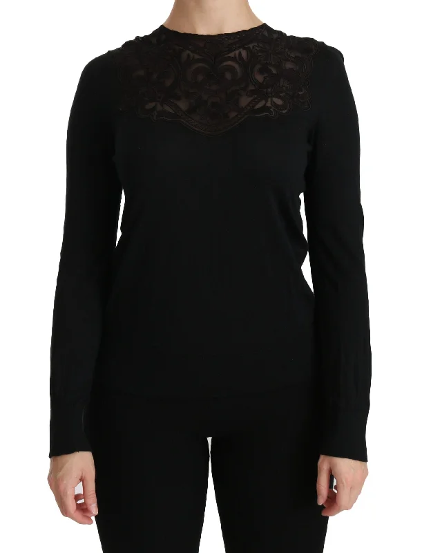 Elegant Silk-blend Black Lace Blouse Backless Summer Blouse