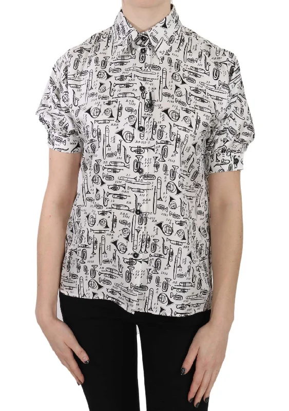 Elegant Trumpet Print Silk Blouse Embroidered Cotton Blouse