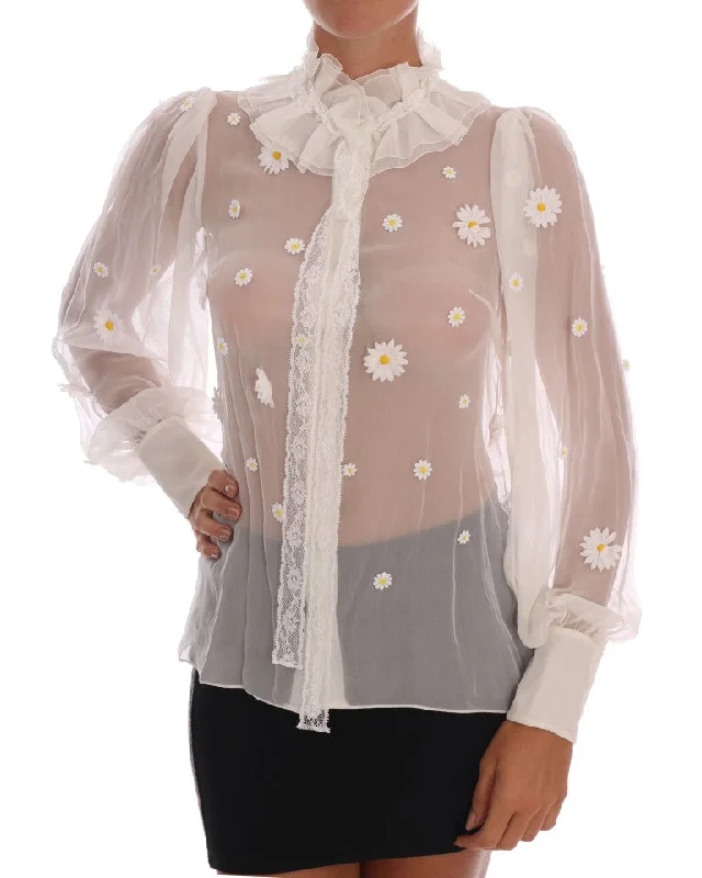 Elegant White Silk Daisy Blouse Boho Chic Blouse