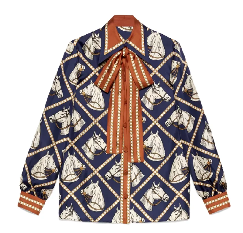 Equestrian Button Down Blouse Sweetheart Neck Blouse