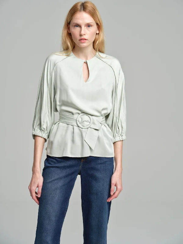 Fancy belted blouse with tear drop neckline Silky Draped Blouse