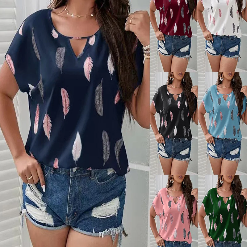Fashion Casual Summer Vacation Plus Size Women V-Neck Feather Print Short-Sleeved Casual Blouse Loose Oversized Blouse