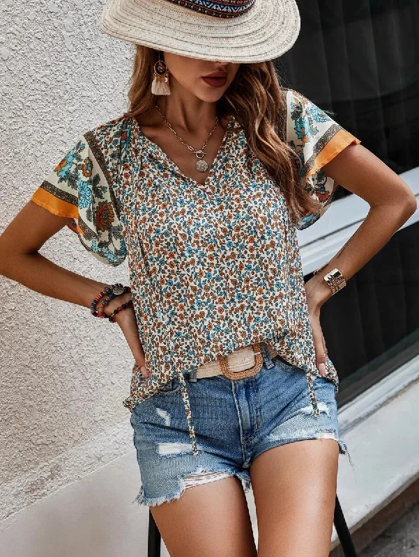 Fashion Women Summer Casual Boho Floral Printed V-Neck Short-Sleeved Loose Blouse Chic Off-Shoulder Blouse