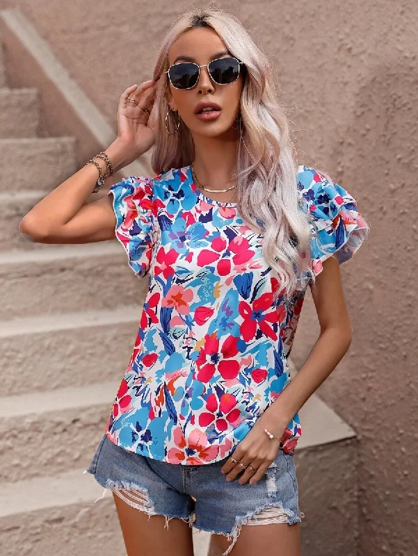 Fashion Women Summer Vacation Floral Print Double Layer Ruffled Short-Sleeved Blouse Short Sleeve Blouse