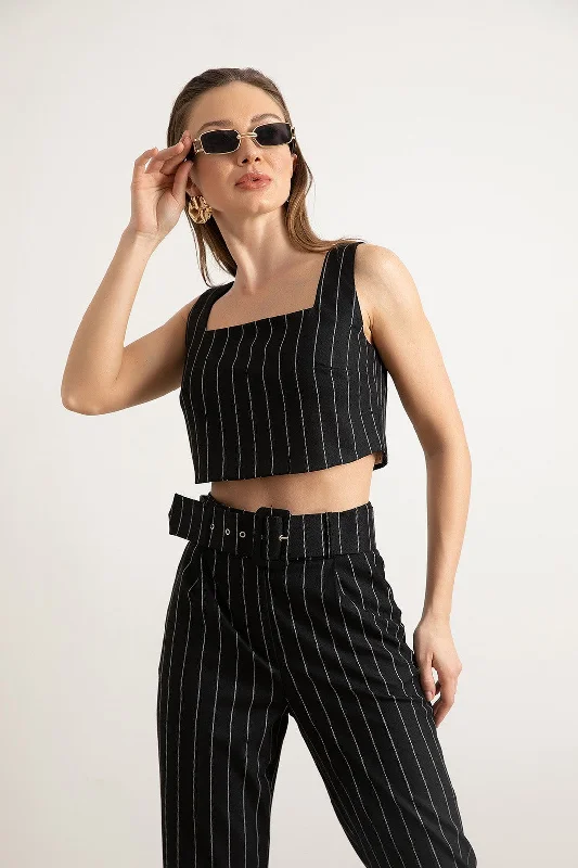 Female Striped Crop Blouse Drape Neck Blouse