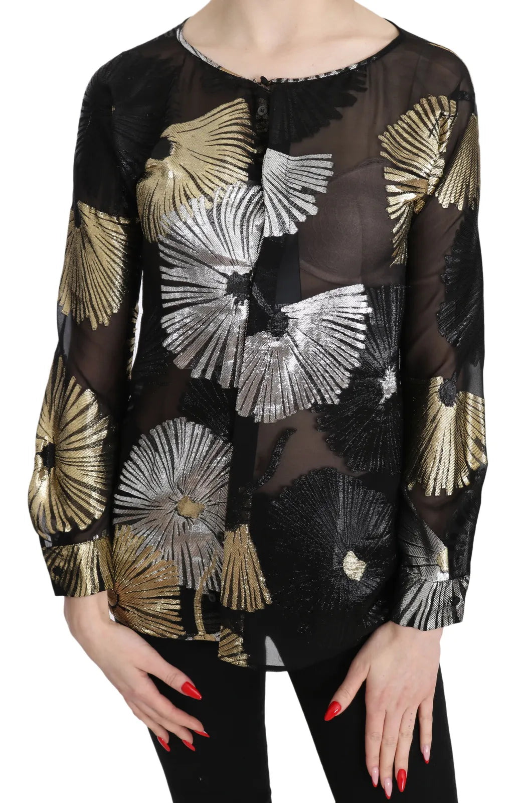 Gold Silver Silk Jacquard See Through Top Blouse Embroidered Cotton Blouse