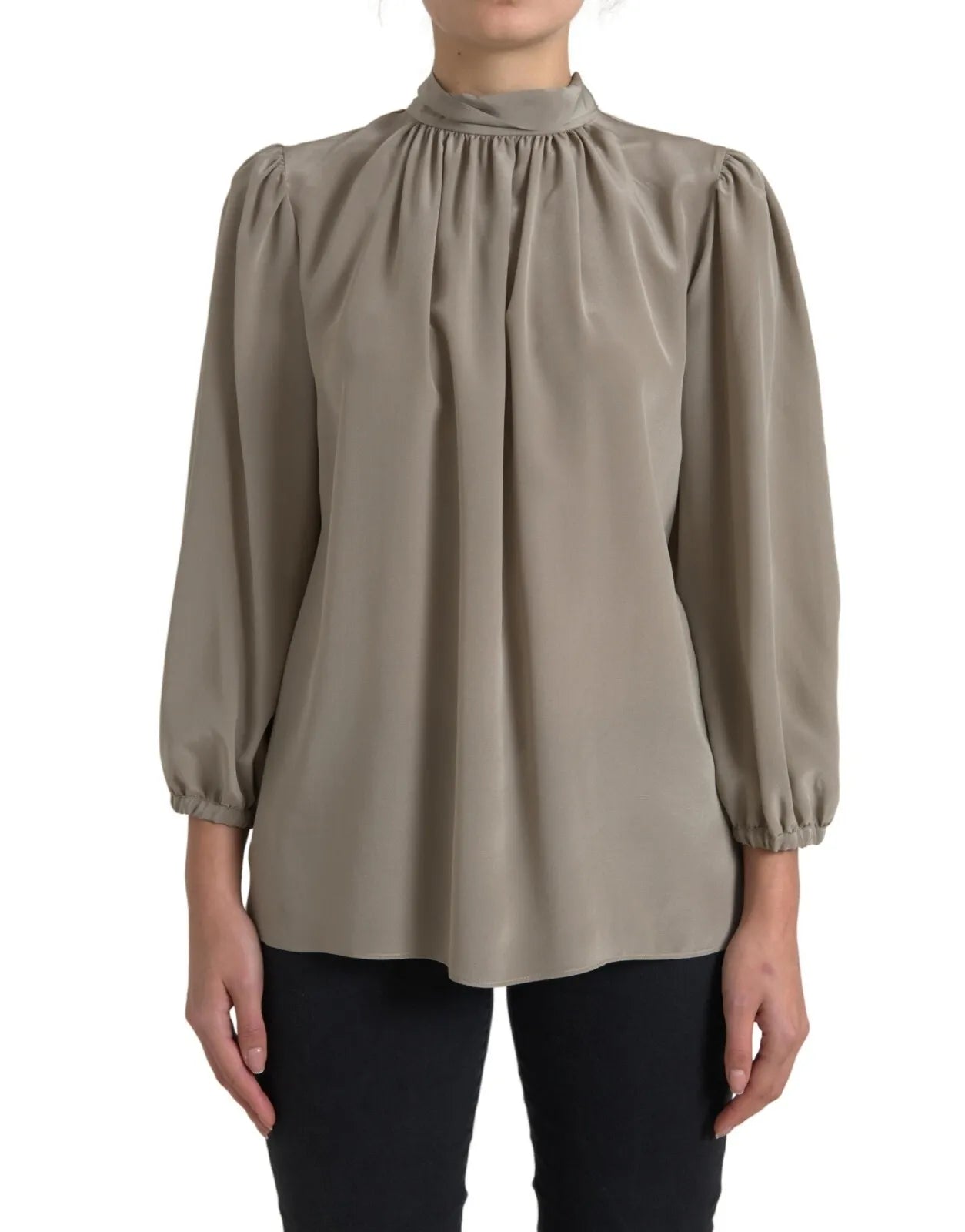Gray Mock Neck Long Sleeves Top Blouse Silky Draped Blouse