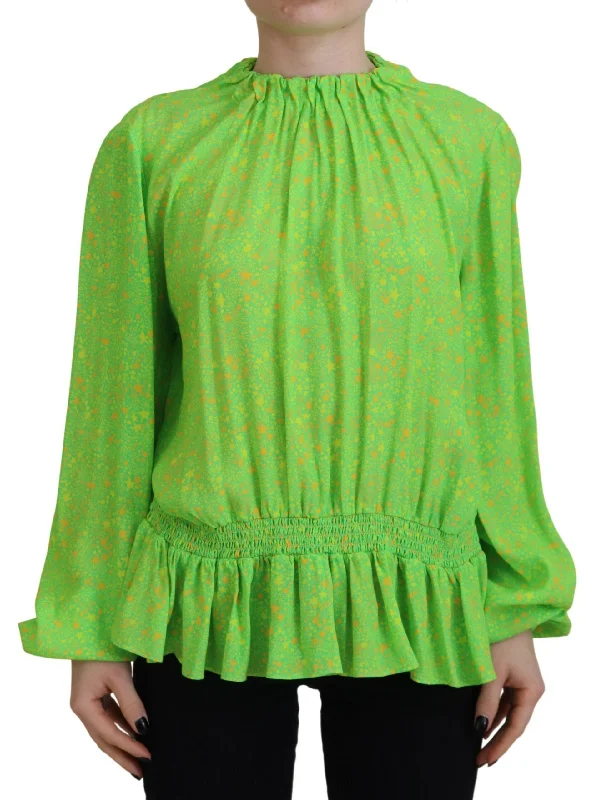 Green Stars Print Viscose Long Sleeves Blouse Top Loose Fit Blouse