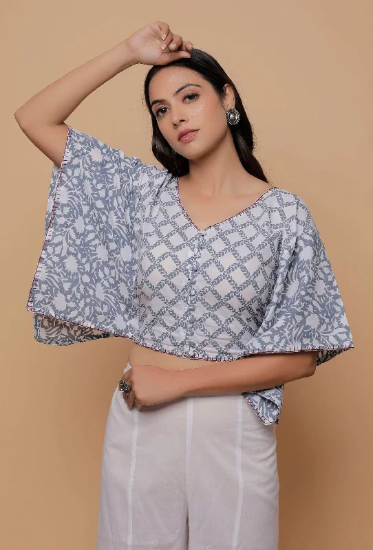 Grey And White Handblock Print Cotton V Neck Kaaftan Blouse Loose Fit Blouse