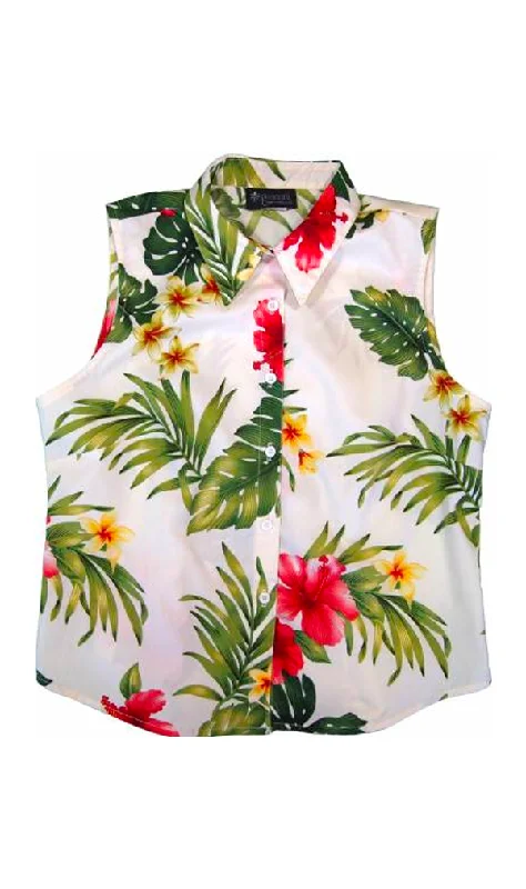 Hibiscus Palm Ladies Hawaiian Sleeveless Blouse in Cream Silky Tunic Blouse