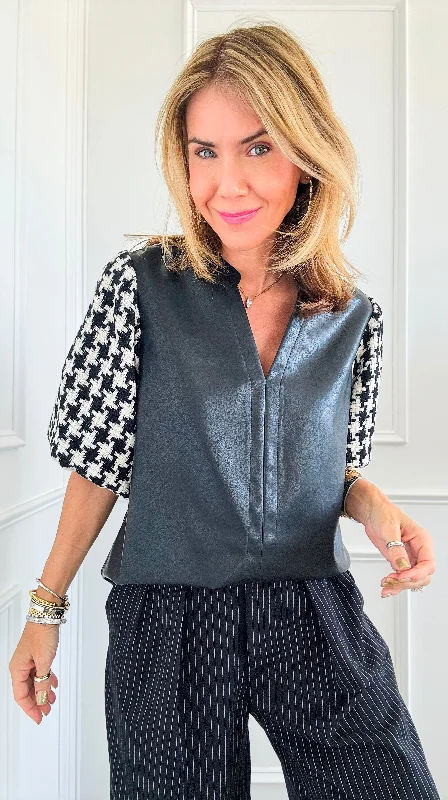 Houndstooth Sleeves V-Neck Blouse Office Formal Blouse