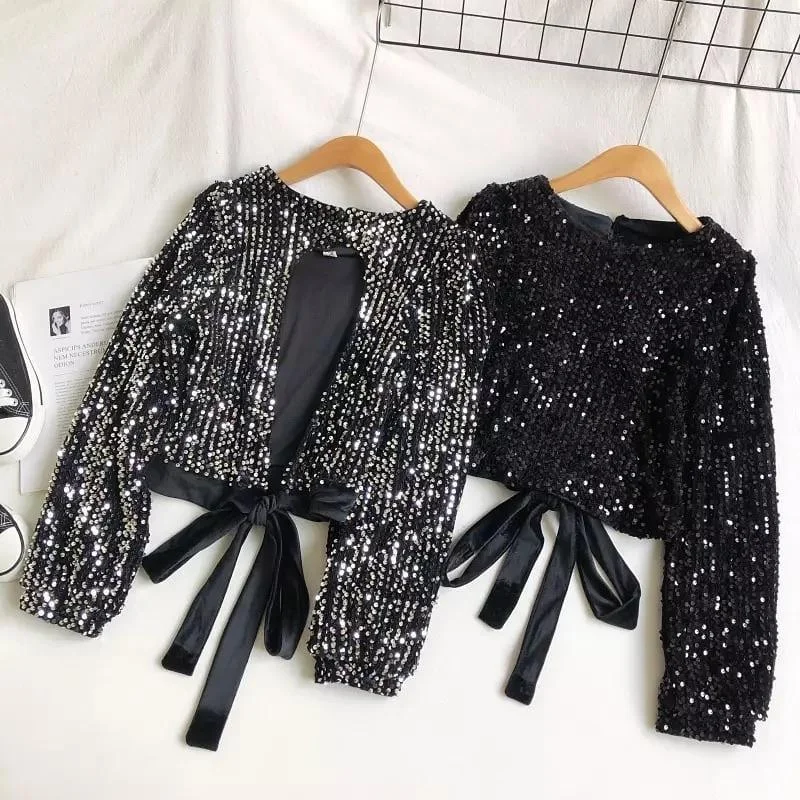 Ibiza Sequined Party Blouse Satin Drape Blouse