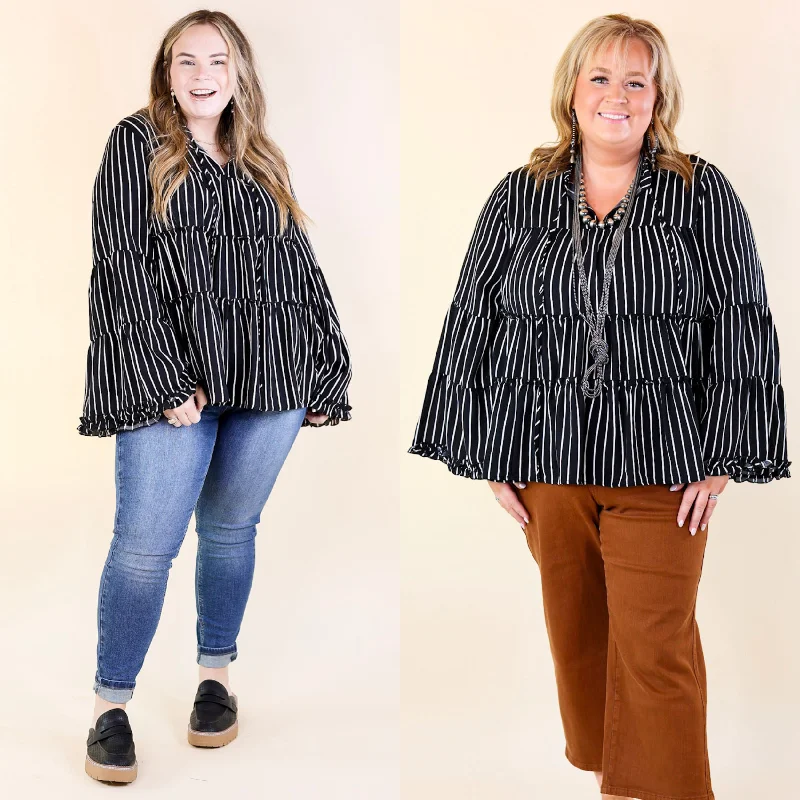 Impressive Touch Striped Bell Sleeve Tiered Blouse in Black Vintage Polka Blouse