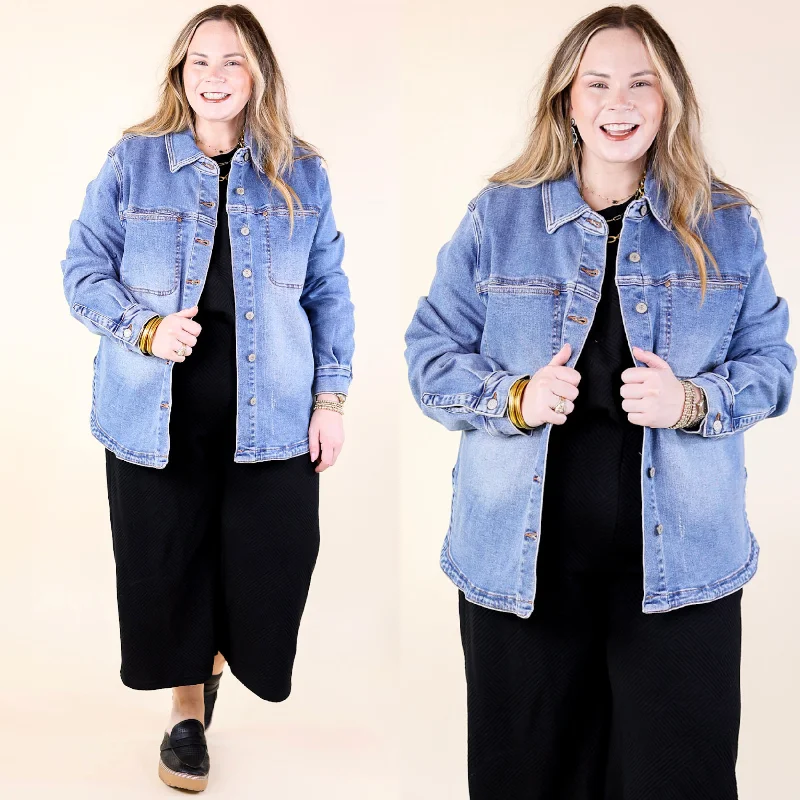Judy Blue | Feeling Refreshed Button Up Denim Shacket in Medium Wash Casual Button Blouse