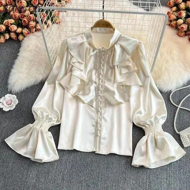 Kale Ruffled Satin Blouse Feminine Pastel Blouse
