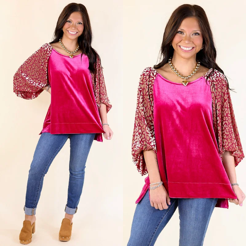 Keeping Warm Animal Print Velvet Half Sleeve Blouse in Raspberry Red Satin Drape Blouse