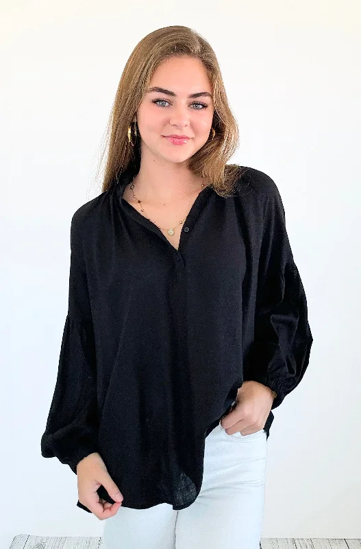 Savannah Breeze Peasant Blouse - Black Loose Fit Blouse