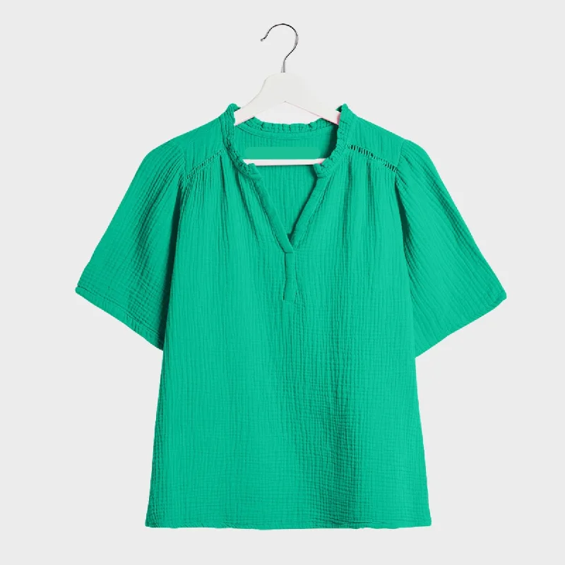 Ladies Double Cloth V-Neck Blouse Asymmetric Hem Blouse