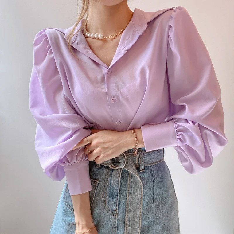 Lapel Single-Breasted Blouse With Lantern Sleeves Women Elegant Silk Blouse