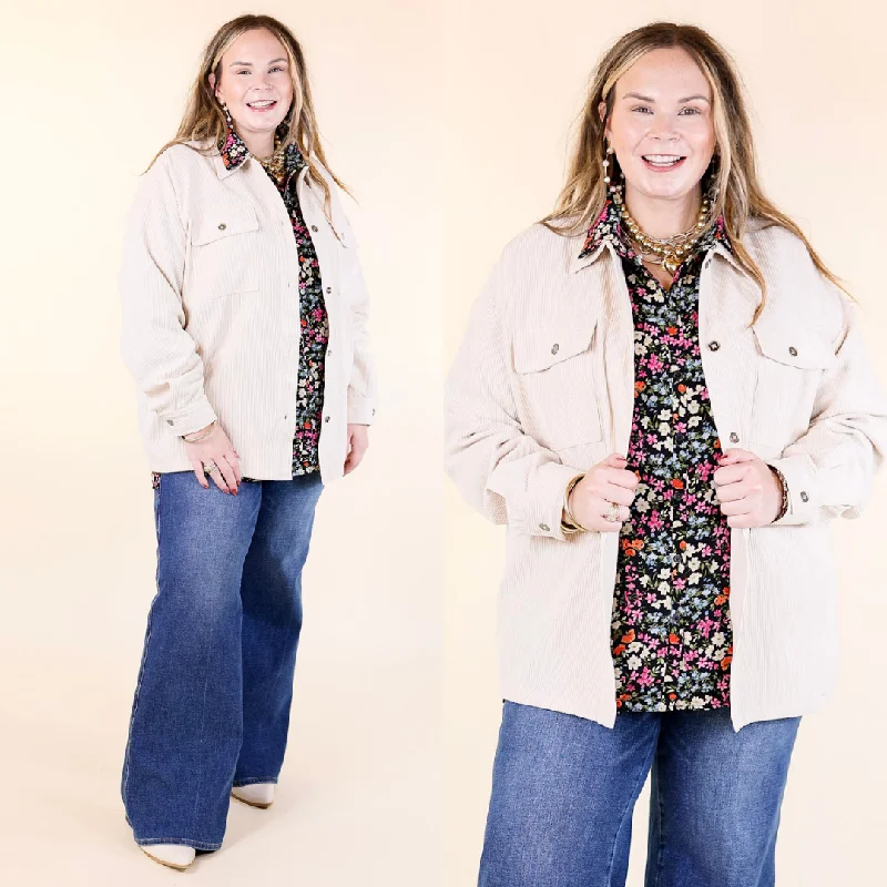Latte Sips Button Up Corduroy Shacket in Cream Soft Knit Blouse