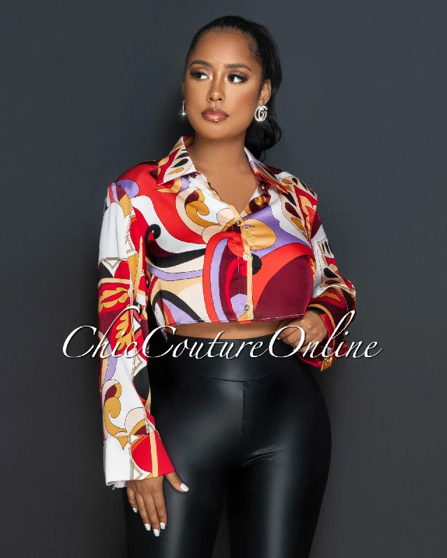 Lisette Red Multi-Color Print Silky Crop Blouse Peter Pan Blouse