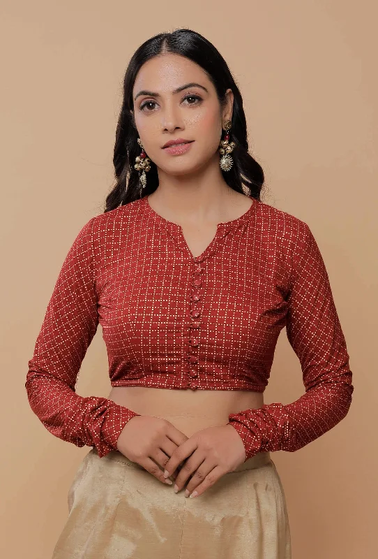 Maroon Handblock Printed Cotton  Full Sleeves Sweatheart Neck Blouse Chic Sleeveless Blouse
