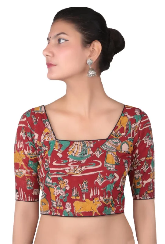 Maroon Kalamkari Printed Blouse Satin Bow Blouse