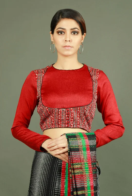 Maroon Modal Silk Ajrakh Blouse Vintage Polka Blouse