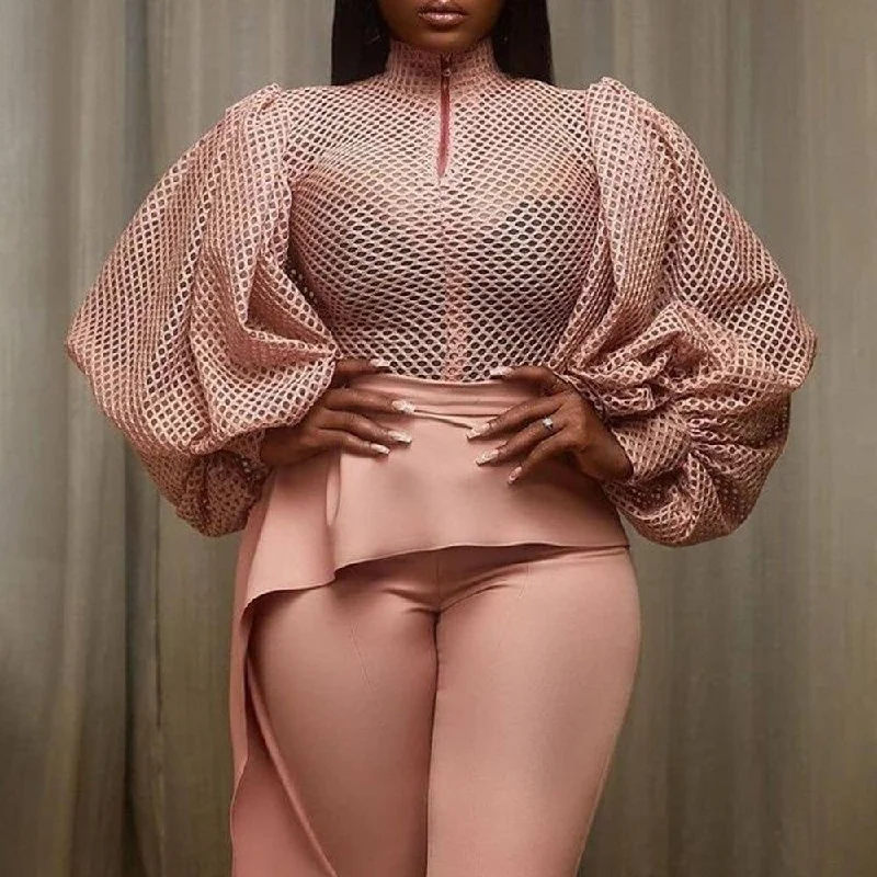 Mesh Puff African Blouse Elegant Semi-Sheer Blouse